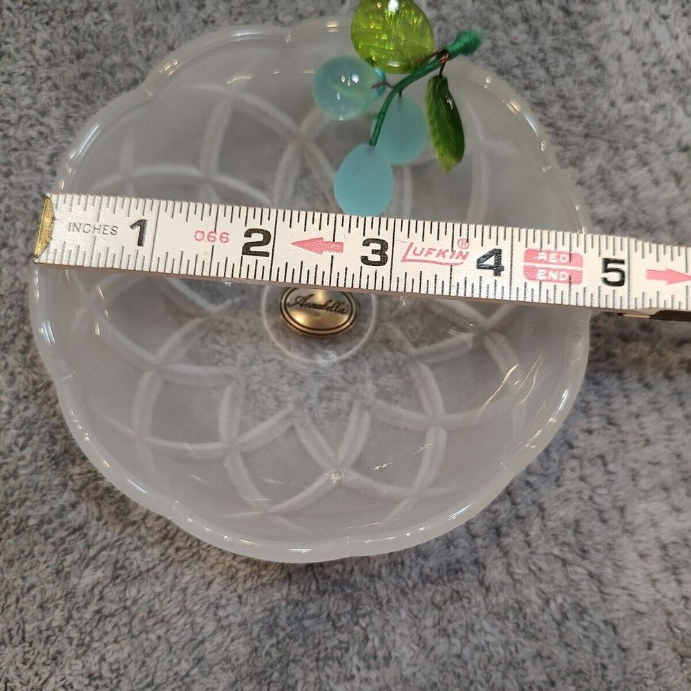 Annabella Frosted Trinket Bowl Glass Fruit Green Glass Leaves Pewter Name tag - Picture 6 of 8